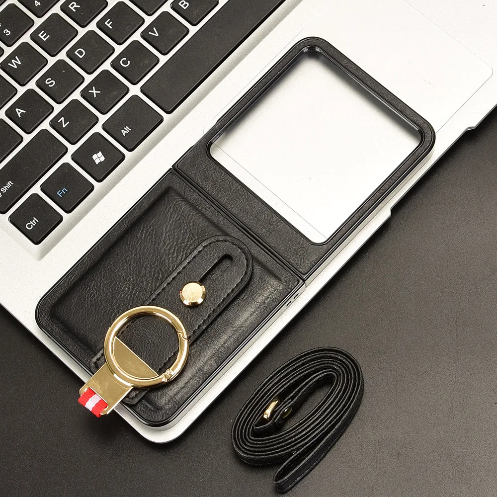 Luxury Leather Anti-Slip Flip Phone Case with Wrist Strap and Finger Ring Back Cover