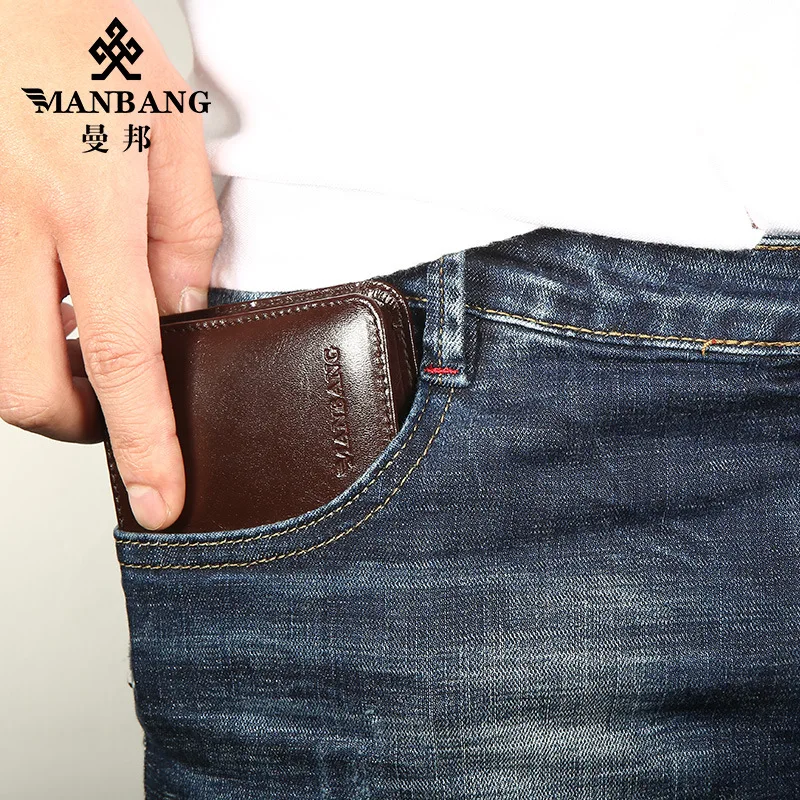 【Genuine Cowhide Leather】ManBang Brand Hot Sale Men's Wallet Luxury Original Short Tri-Fold First Layer Cowhide Purse Business 5