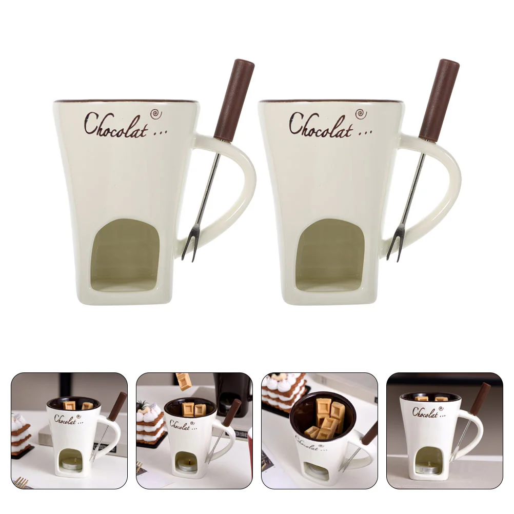 2 Sets Ricotta Cheese Ceramic Warmer Chocolate Fondue Melting Pot Food Compact White