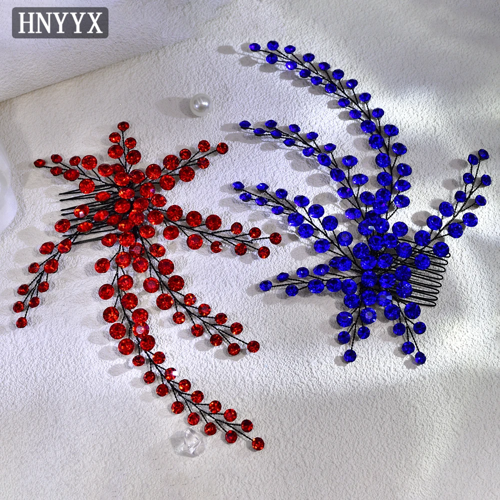 HNYYX Crystal Bridal Hair Comb Alloy Flower Hair Accessories Blue Rhinestone Clip Elegant Hairpin for Women Party A231