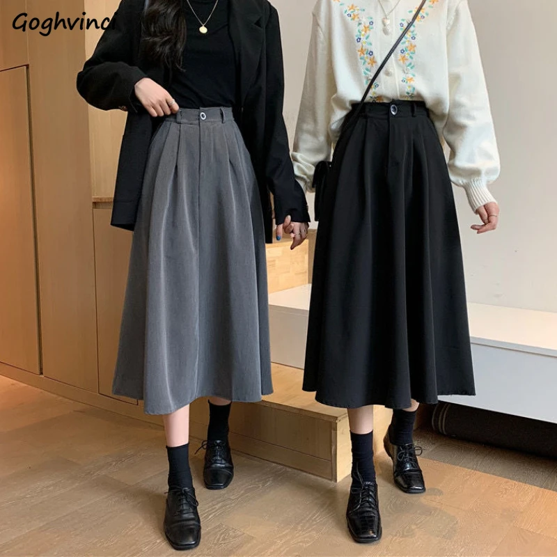 

Women Midi Skirts Vintage Solid All-match Japanese Style Graceful Autumn College Gentle Cute Simple Empire Causal Students Basic