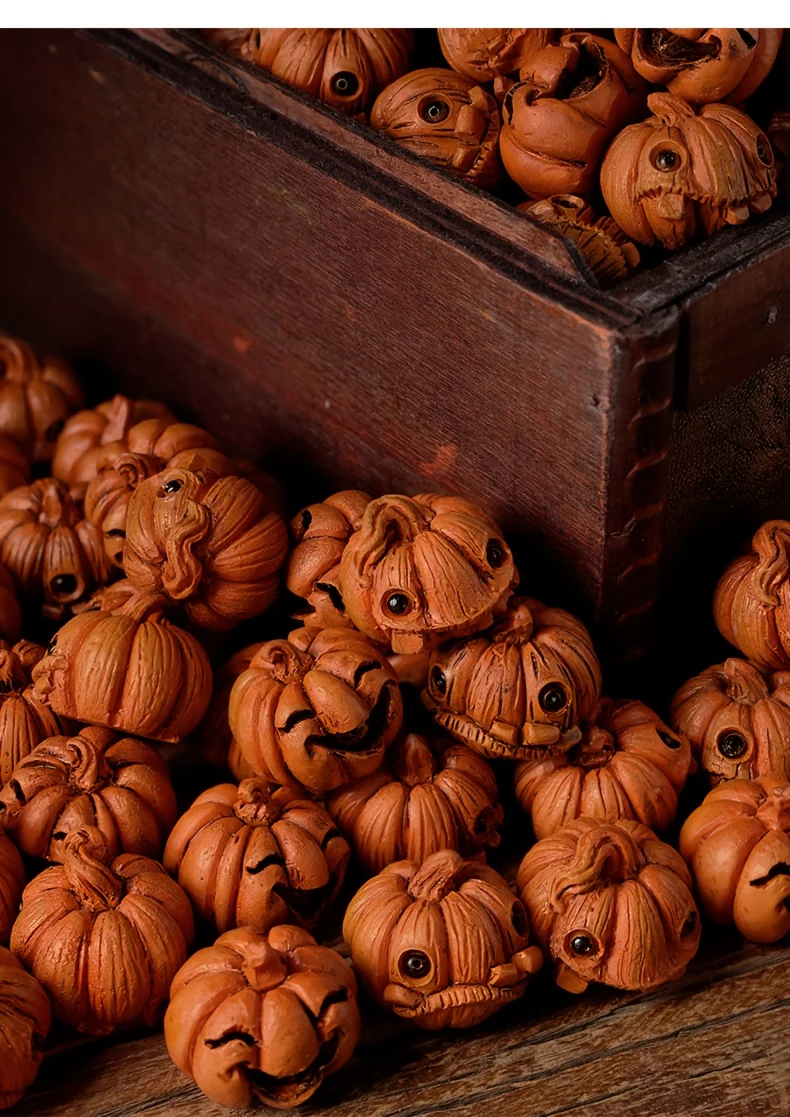 16 Stück Halloween Mini Kürbis Harz Figuren Vintage Gruselige Dekoration Rote Augen Jack O Laterne Gesichter Batteriefreie Tischanzeige – Detail 6