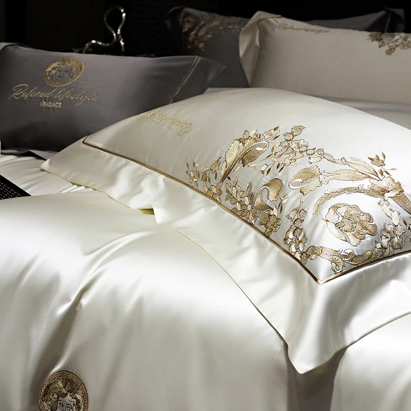 Gorgeous Gold Embroidery Brocade Egyptian Cotton Soft Glossy Bedding Set Duvet Cover Set Bed Sheet/Fitted Sheet Pillowcases 4Pcs 2
