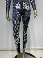 Women Black Geometric Sequins Long Sleeved Stretch Tight Jumpsuit Y2K Bar Nightclub DJ Female Singer Stage Performance Clothing - Image 6