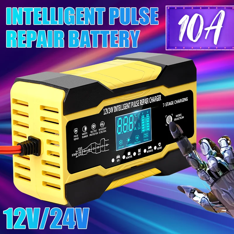 10A 12V/24V Trickle Charger, Smart Automatic Battery Automotive 7-Stage  Charging Battery Maintainer with Pulse Repair Function, for Car Truck