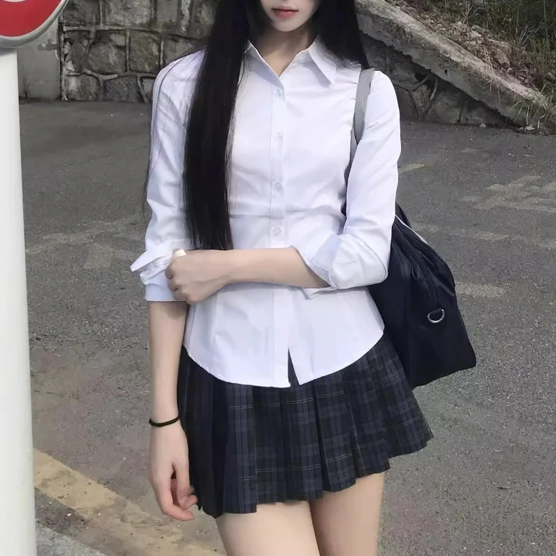 Harajuku Y2K Slim Fit White Shirt Women 2025 Waist Slimming Long Sleeve Jk Shirts Woman All Match Turn Down Collar Chic Blouse 2