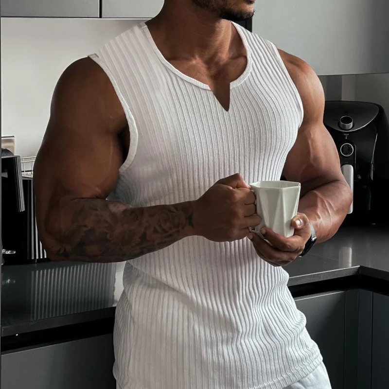 Summer new men V-neck Vest stripe gym Tank top Men Fitness sleeveless shirt Sports Undershirt Gyms clothing Training vest