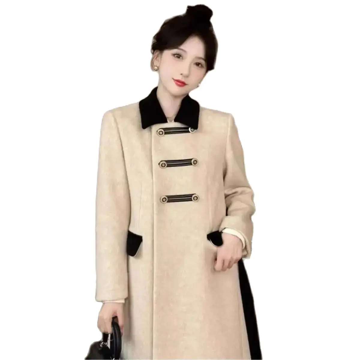 Autumn And Winter New Fashionable And Versatile Style Versatile Loose Spliced Mid Length Woolen Coat Women'S Trend