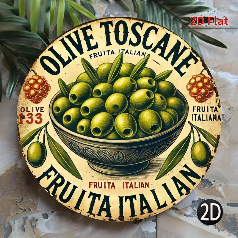 Vintage Italian Olive Toscanne Metal Wall Art Sign - Rustic Round Design with Italian Text and Olives