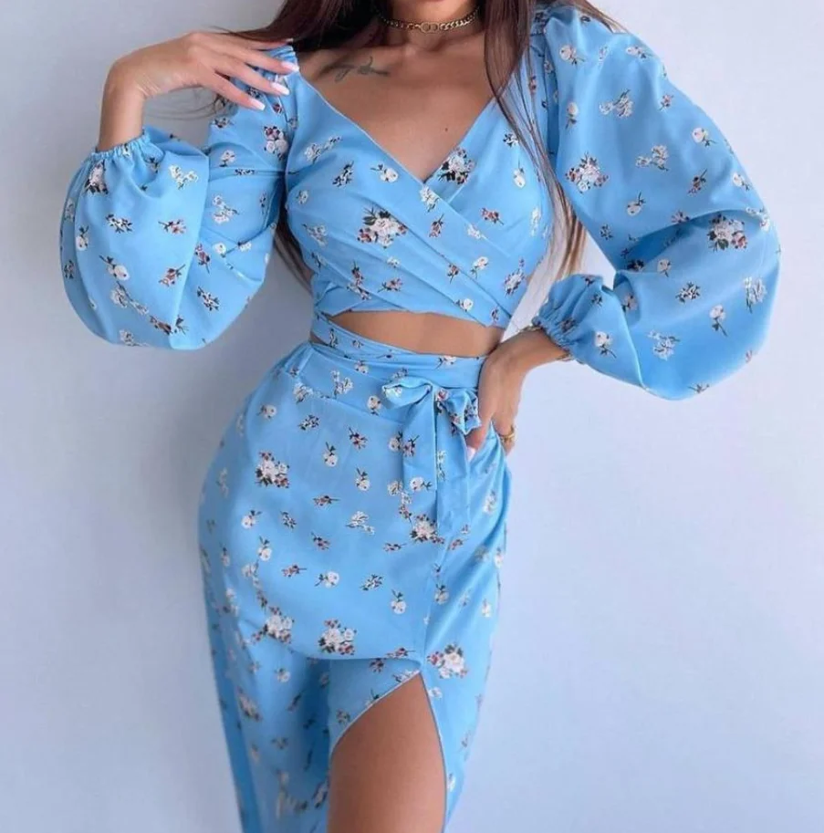 

Women's Dresses 2023 Autumn Printed Cross V-Neck Long Sleeve New Fashion Sweet High Split Dress Femme Vestido Clothing