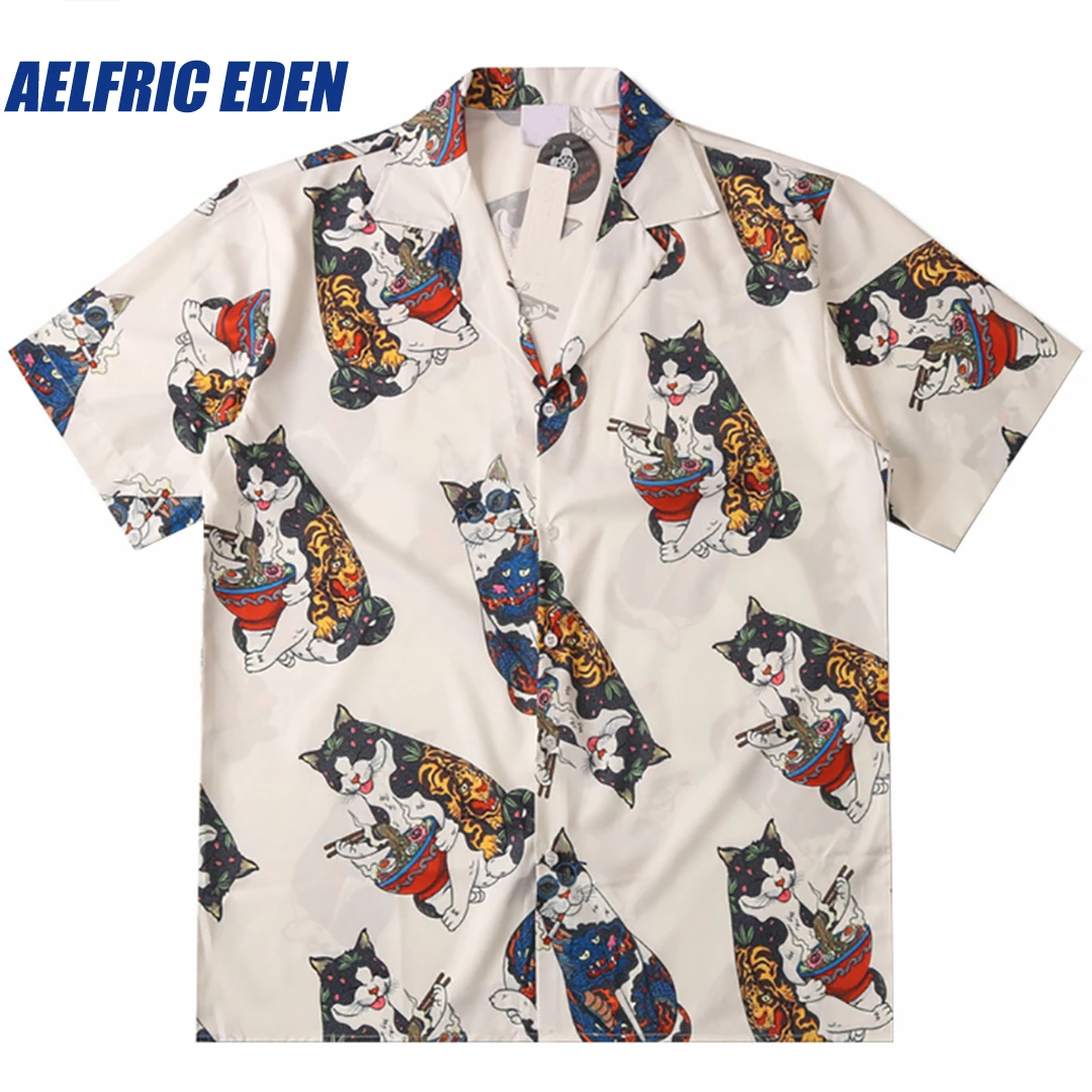 Aelfric Eden Ukiyoe Smoking Cat Beach Shirt Short Sleeve Aloha Shirt Men Hawaiian Shirt Hip Hop Streetwear Japanese Harajuku Top