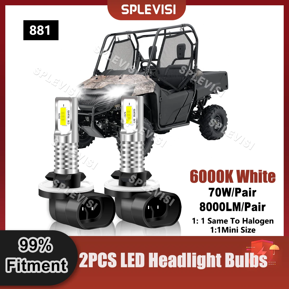 SPLEVISI Upgrade 881 LED Headlight Bulbs 70W 8000LM ATV Replace For Honda Pioneer 700 SXS700M2 2014 2015 2016 2017 2018 2019 upgrade replacement headlight 2x 8000lm 6000k white for honda pioneer 700 sxs700m2d deluxe 2019 led headlights bulbs