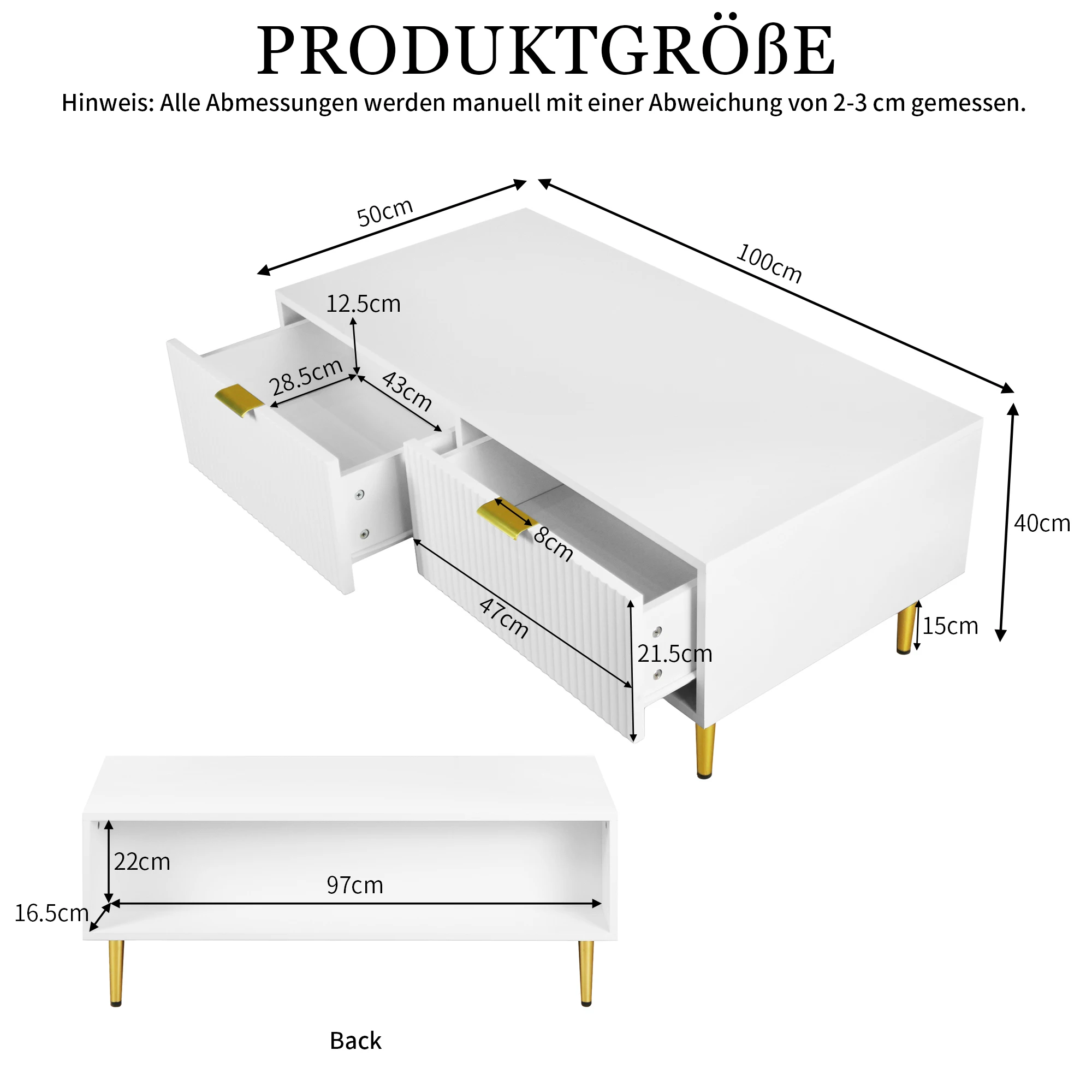 KOMHTOM Moderner Weißer Couchtisch mit Goldenen Akzenten 100x50x40cm, 2 Schubladen, Vertikales Streifendesign – Detail 10