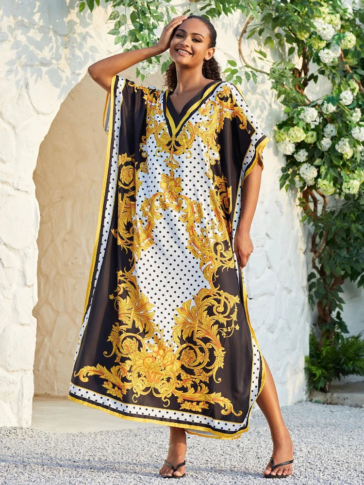 

Beach Dresses Summer Printed Swimsuit Cover Ups for Swimwear Women Maxi Robe V Neck Split Holiday Bathing Suits Dropshipping