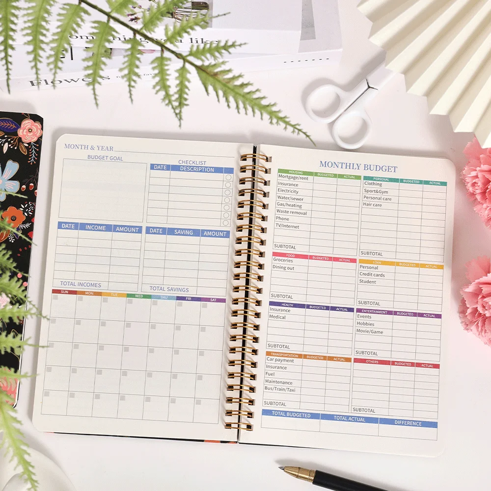 Retro Flower Undated Budget Planner - 50 Sheets Monthly Finance Book with Cardboard Cover