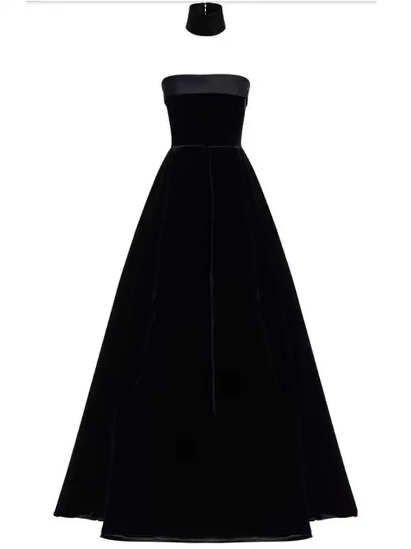 Ele Long Velvet Evening Dr Bla Strapl Gown for Par Performance Slimming Sle Faionable mid Waist a Line Skirt