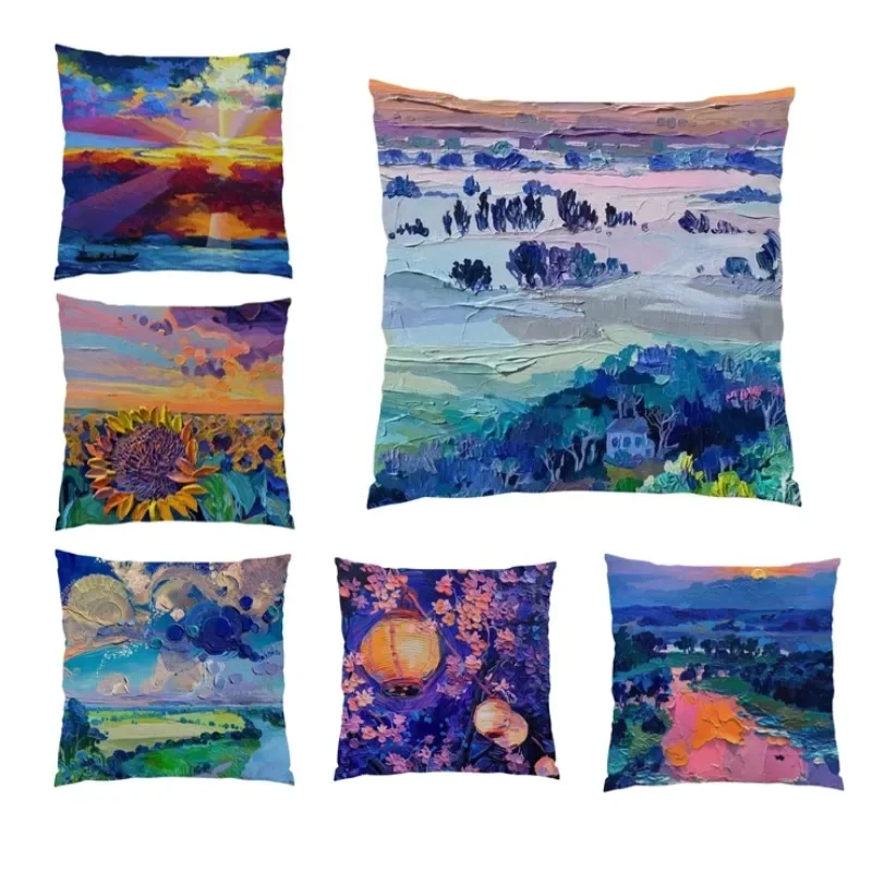 

Oil Painting Cushion Cover Landscape 45x45 Cm Vintage Deluxe Print Geometric Reversible Pillow Cover Art Deco Cojines E1756