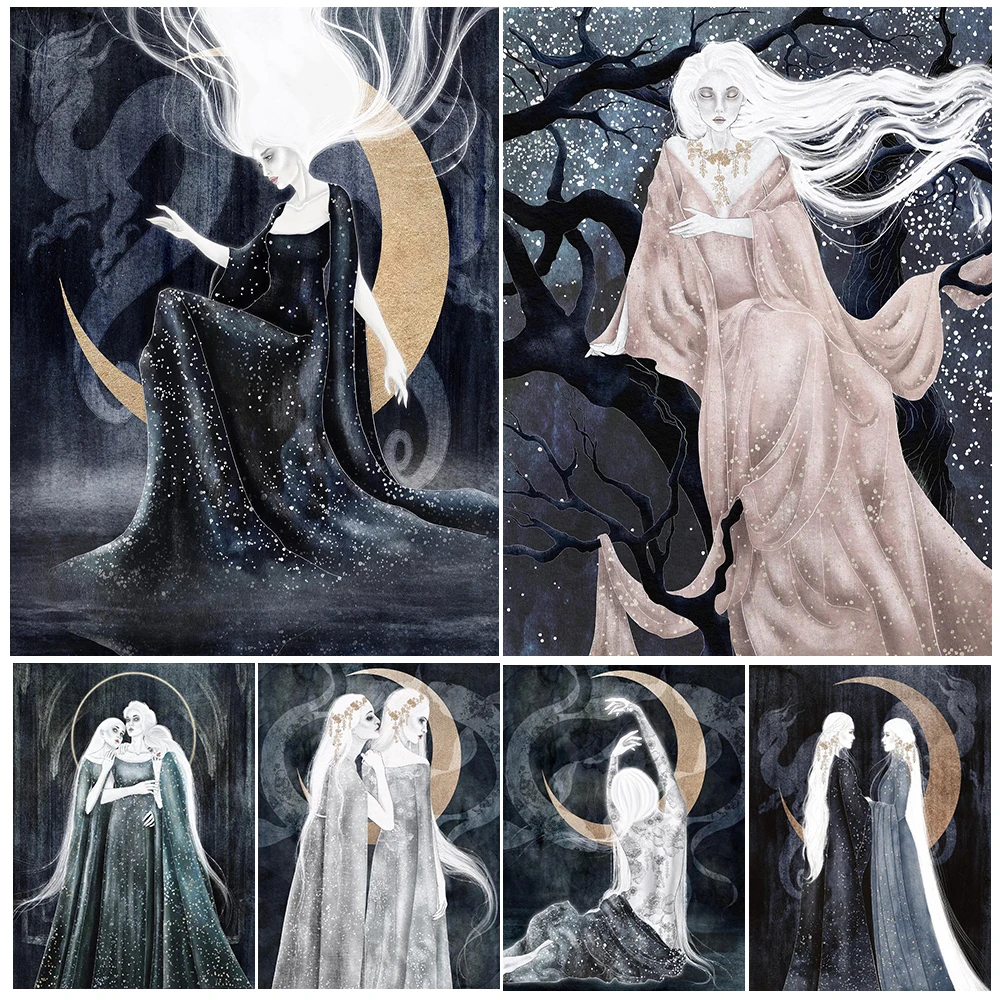 

The Three Sisters Of The Moon Goddess Vintage Wall Art Canvas Print White-Haired Witch And Black Snake Art Poster Print Decor