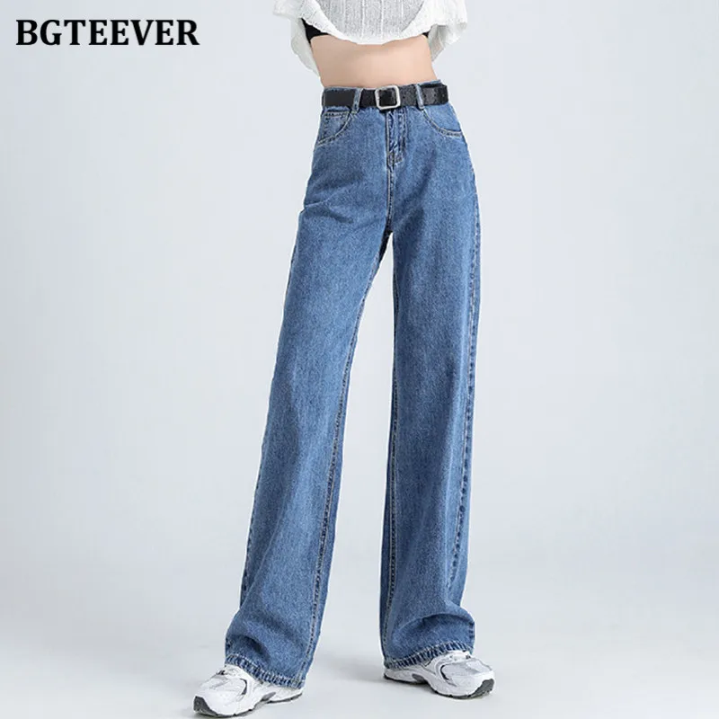 BGTEEVER Casual Spring Women Long Jeans Trousers High Waist Pockets Loose Female Wide Leg Denim Pants Ladies Floor-Length Pants 4