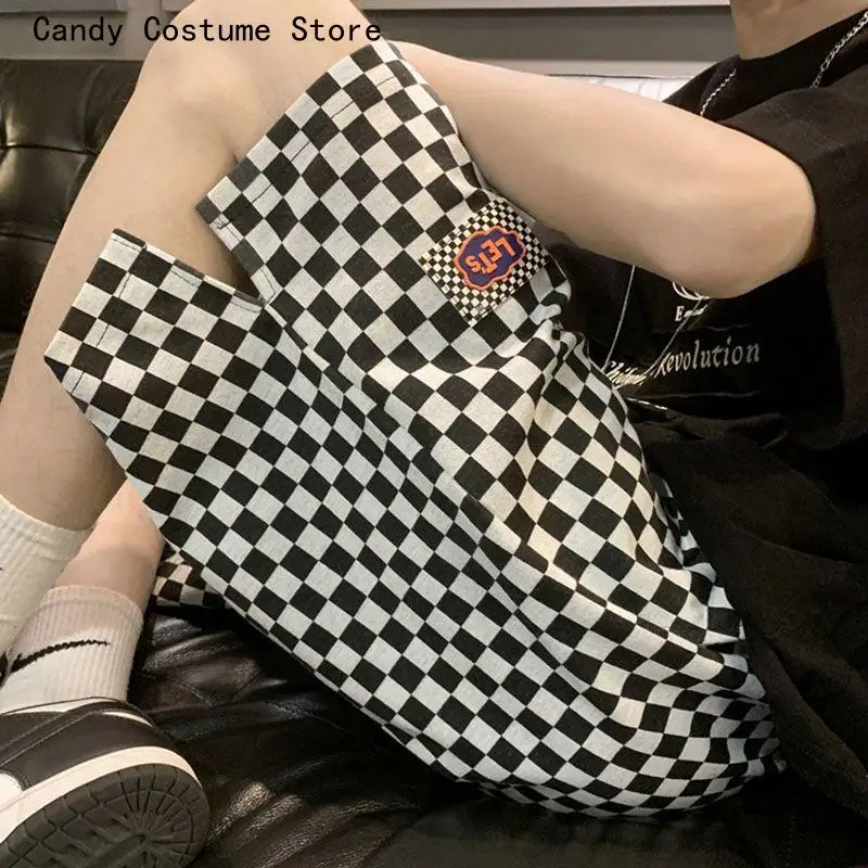Wide Leg Shorts Men's Breeches Loose Casual Hip Hop Plaid Korean Style American High Street Half Pants Y2k Clothes