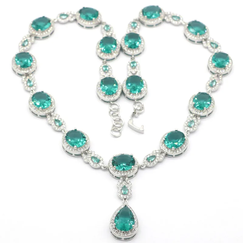 

50x16mm Gorgeous Big Heavy 55g Blue Aquamarine White CZ Ladies Dating Silver Necklace 18-19"