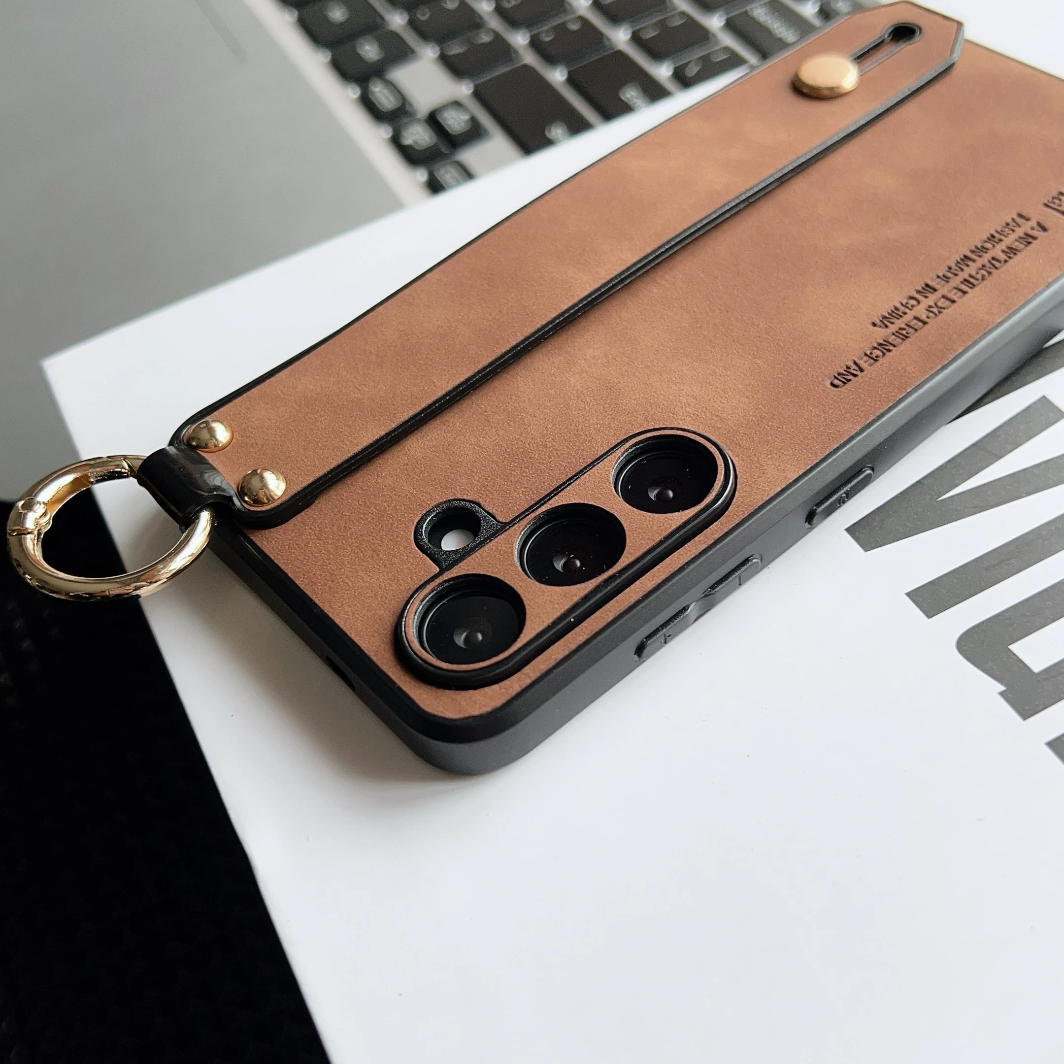 Luxury Sheepskin Leather Wrist Strap Phone Case - Shockproof Matte Hard Cover