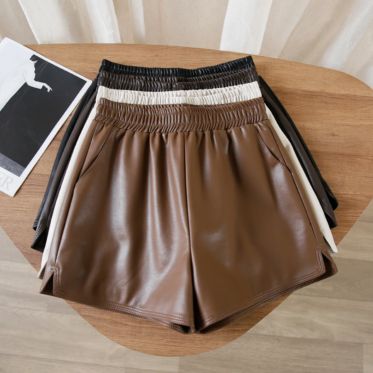 Casual Leather Shorts Women's 2022 Autumn Winter Elastic High Waist Slimming Pants LadyOuter Wear Loose Wide Leg Leather Shorts