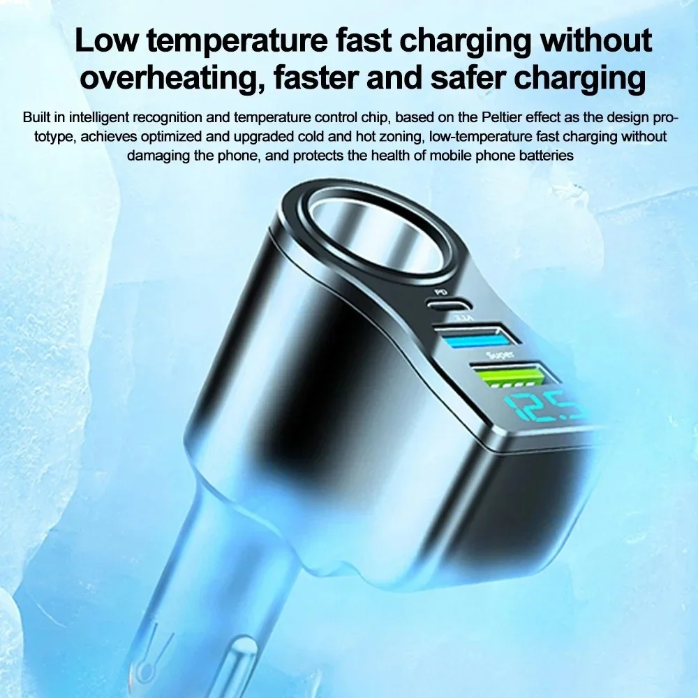 4 in 1 66W Car Charger Fast Charging Socket Splitter Dual USB Type-C Car Charger LED Digital Display For iPhone Huawei Sumsung