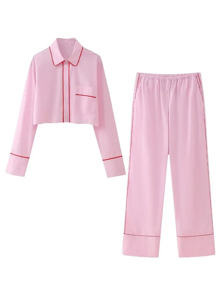 TRAF Spring Women Casual Pink Blouse Pant Suit 2024 New Fashion Single Breasted Lapel Tops Elastic Waist Wide Leg Pants