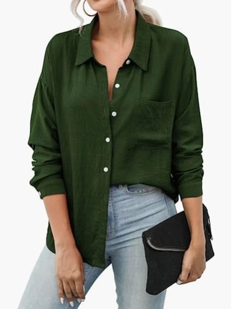 

women's casual loose button blouses office lady pure color tops autumn fashion pocket long sleeve shirts for women 2022 black