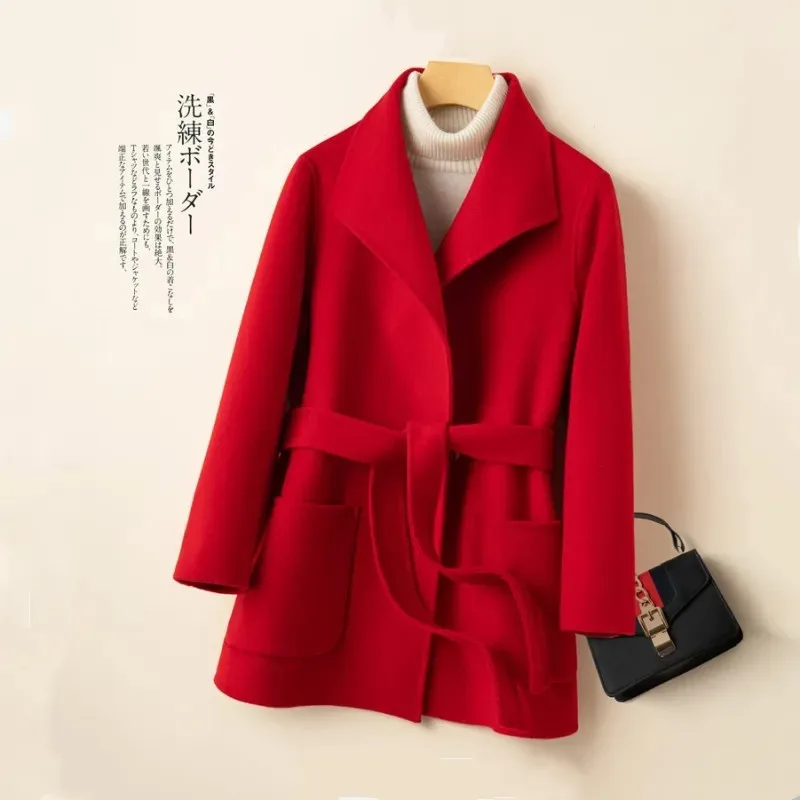 

Двустороннее кашемировое пальто, женское короткое Однотонное шерстяное пальто высокого качества с воротником-стойкой, Корейская верхняя одежда из чистой шерсти