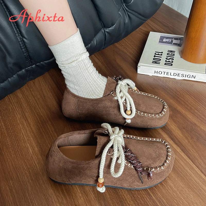 Aphixta Cotton Fabric Lace Up Flats Shoes Women Fringe Sewing Yellow Loafers Shoes Woman Flat With Ethnic Shoes Size 41