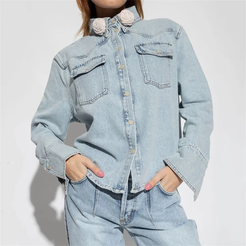 

Женская рубашка, Новинка Весна 2024, топ из чистого хлопка с длинными рукавами и 3D цветочным украшением, ВИНТАЖНАЯ ДЖИНСОВАЯ женская блузка, тонкое пальто, куртка