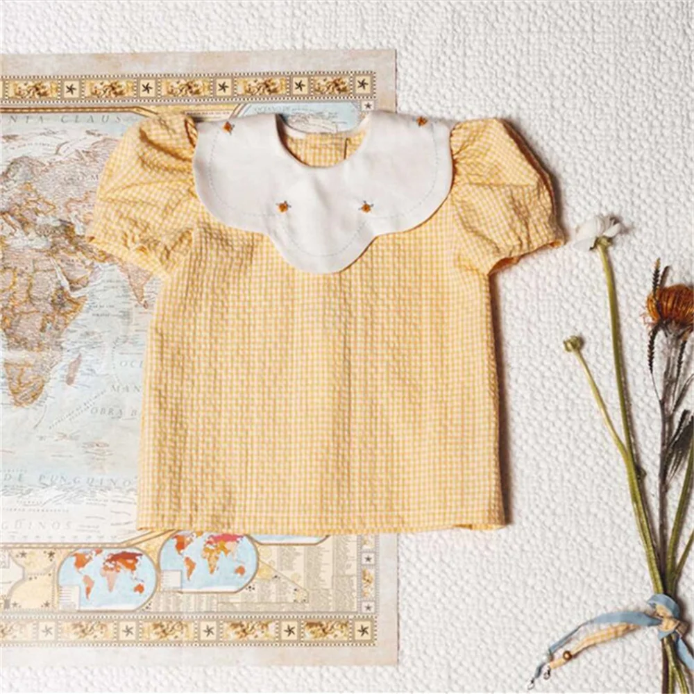 1-8Yrs Girls Floral Blouse Summer Kids Shirts Short Puff Sleeve Toddler Tops for Baby Girls Clothes Vintage Children Shirt kids shirts