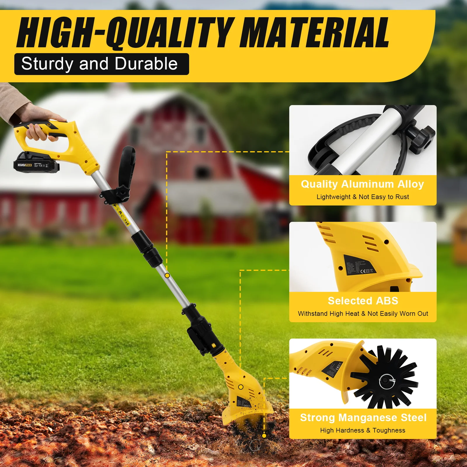 Cordless Tiller Cultivator 20V 250RPM Electric Tiller Garden Cultivator with 2AH Rechargeable Battery Fast Charger