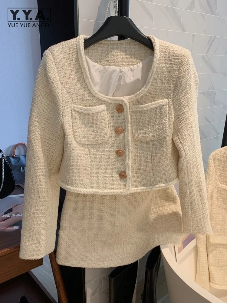 

New Designer Elegant Office Ladies Skirt Two Piece Set Fashion Long Sleeve Tweed Jacket Spring Autumn Women Matching Set Outfit
