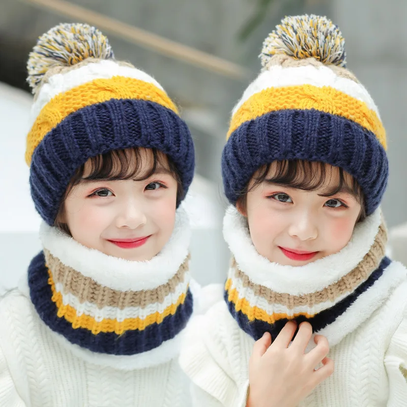 Winter Children Cute Sweet Plus Velvet Thick Wool Knitted Wool Ball Hat Girls Korean Version Warm Scarf Boys Kids Hedging Cap