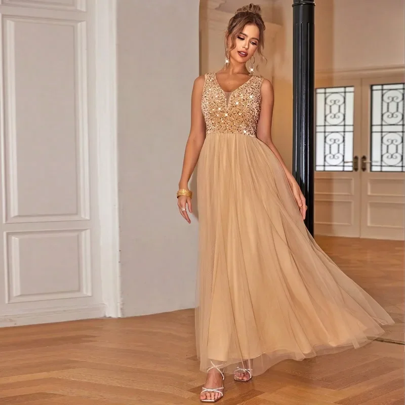

Summer Sexy Birthday Dress for Women Evening Party Wedding Sleeveless V-Neck Chiffon Maxi Dresses Female Vestidos De Mujer Robe