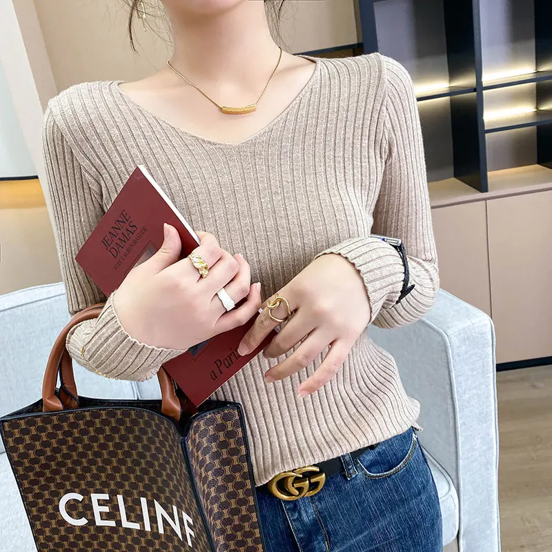 pink sweater 2022 Spring And Autumn New Style Wool Sweater Women's V-Neck Pullover With Solid Color Bottoming Slim Fashion cardigan for women Sweaters