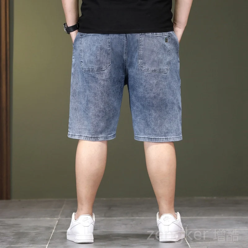 Summer thin section large size stretchy 5 point denim shorts male deep crotch loose middle aged man elastic middle trousers
