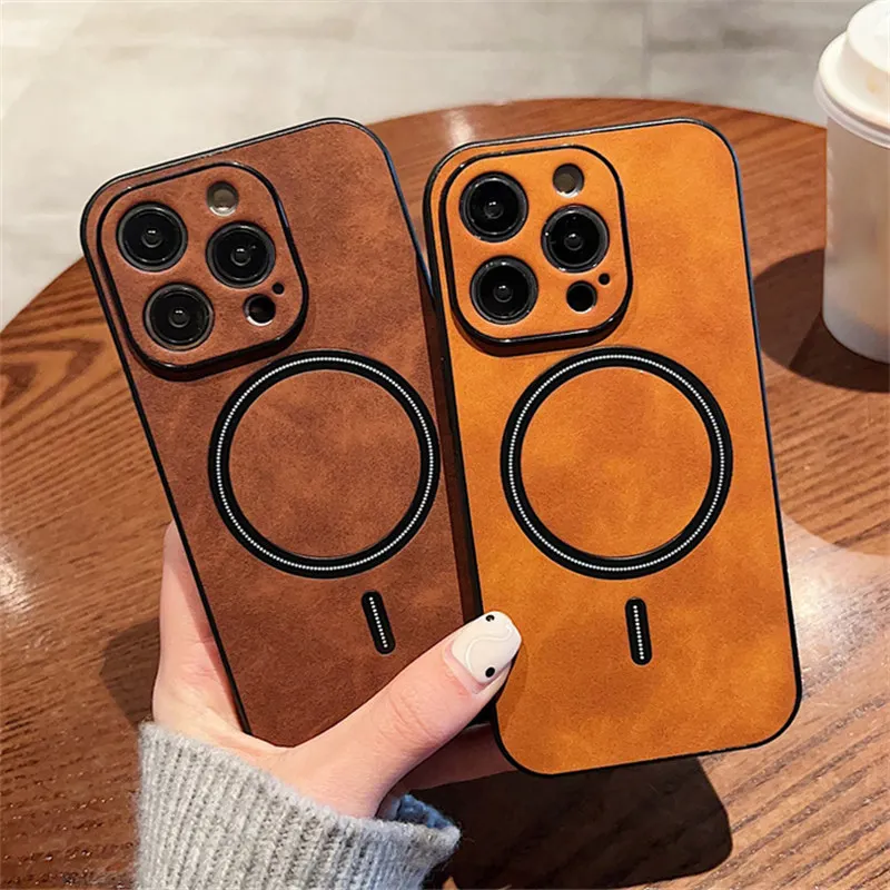 Wireless Charging Magnetic Cortex Leather Phone Case Shockproof Bumper Cover For iPhone 16 13 12 15 17ProMax 14Plus 14Pro