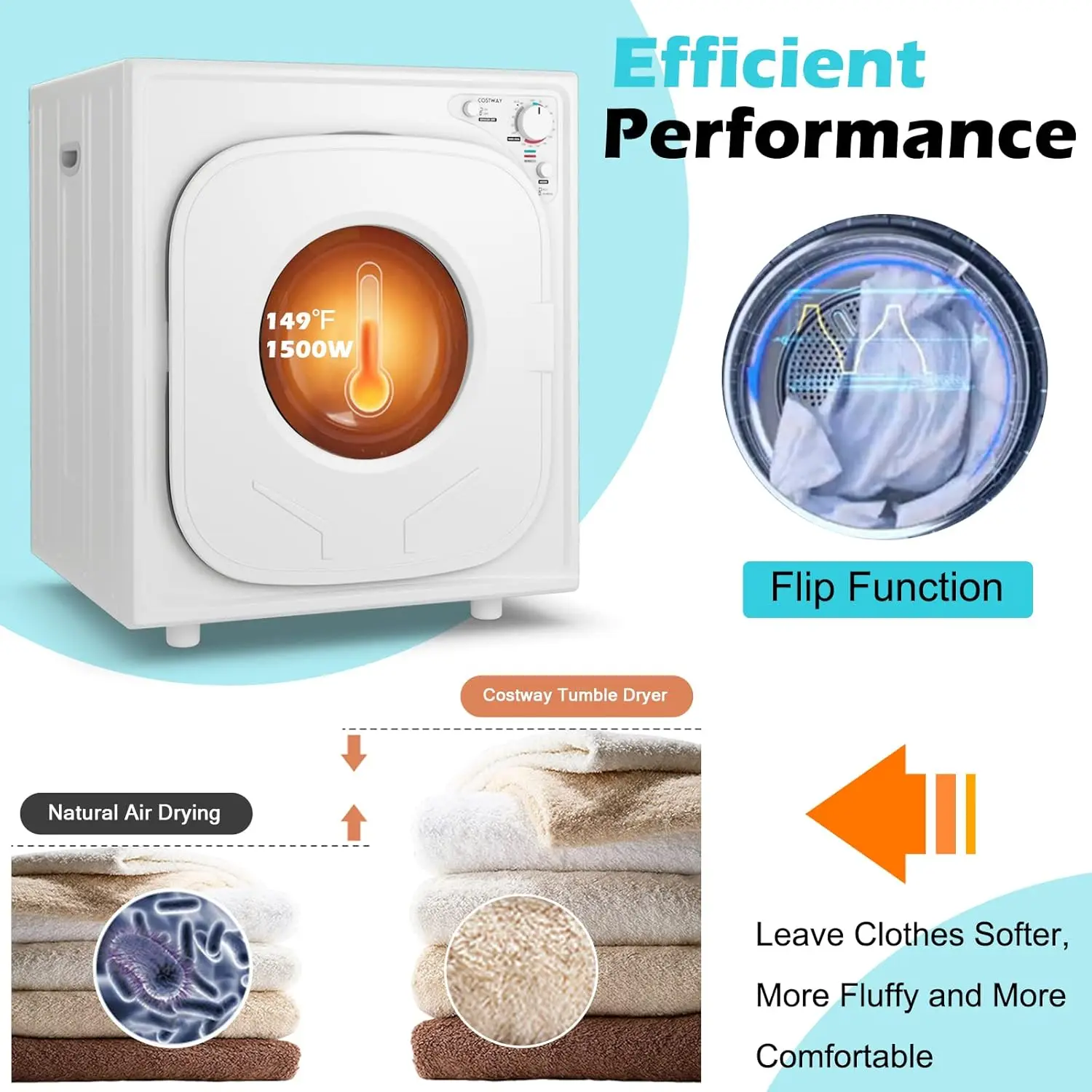 Stainless Steel Clothes Dryer with Touch Panel 2 Modes 4 Drying Programs and Adjustable Exhaust Vent 13.2 LBS Front Load Tumble 3