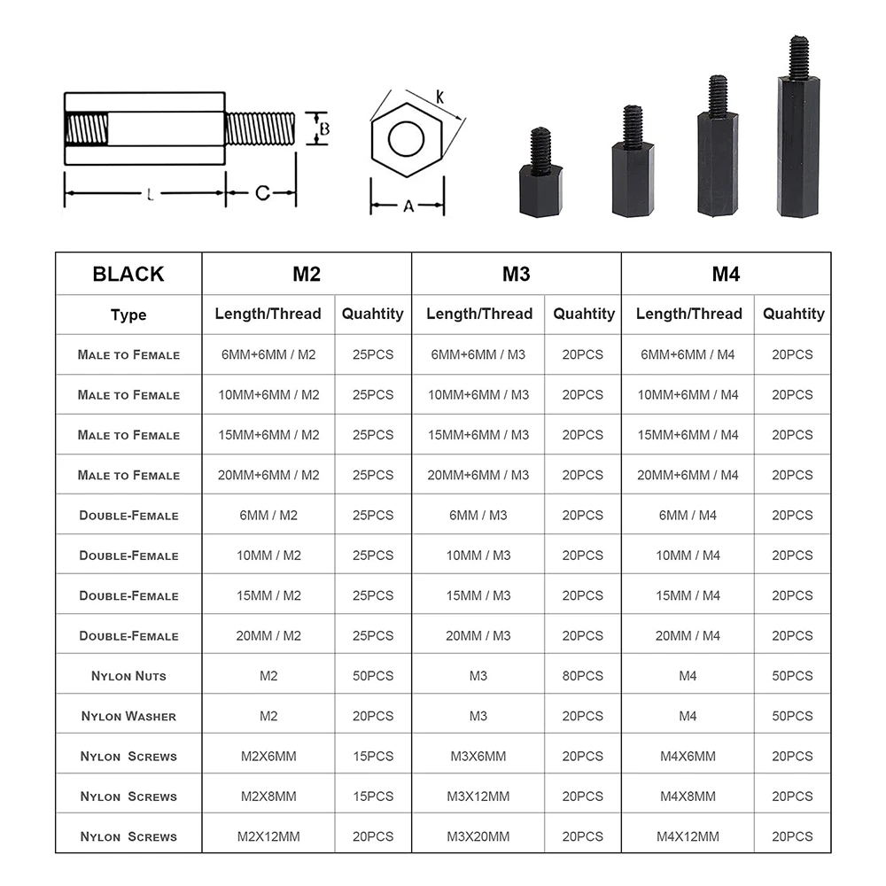 육각 나일론 스페이서 나사, M2 M3 수컷 암컷, 나사산 포스트, PCB 마더보드, 플라스틱, kg, 320 개