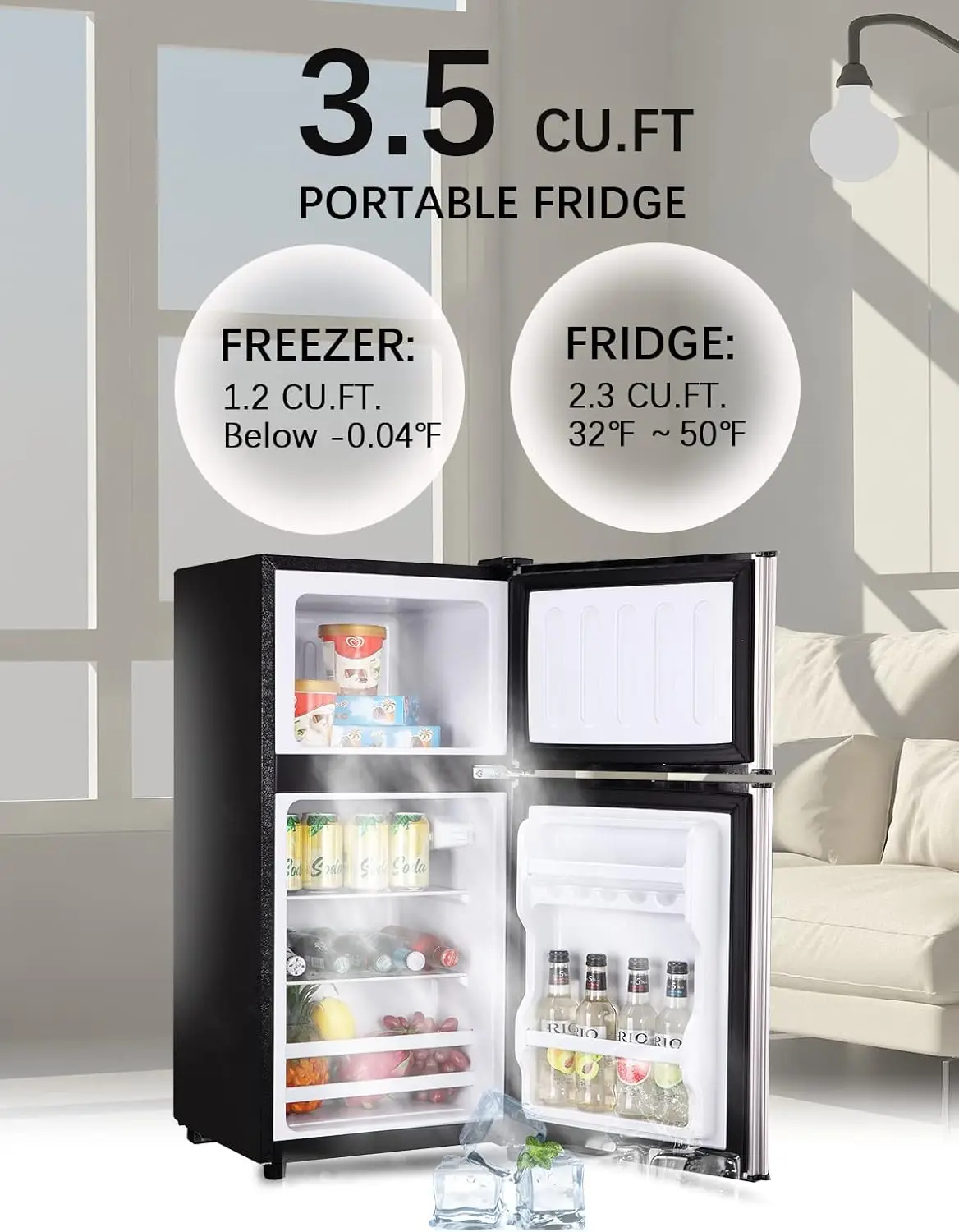 KRIB BLING Mini Fridge with Freezer on Top, 3.5 Cu.Ft Compact Refrigerator with 7 Levels Adjustable Thermostat, Small Refrigerat 2