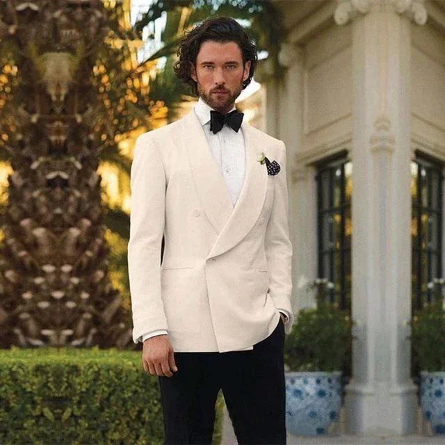 

Elegant Beige Formal Wedding Suit Groom Tuxedo Slim Fit Blazer Hombre High Quality Double-breasted Custom 2 Piece Costume Homme