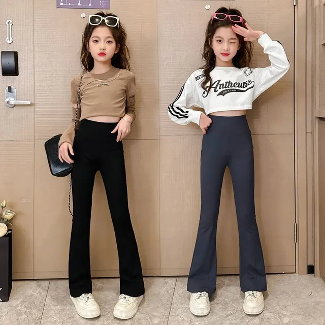  Kids Casual High Waisted Flare Pants For Girls Cute Workout  Dancing Yoga Bell Bottoms Leggings Black