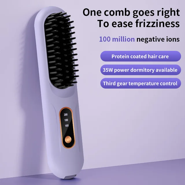 Riscaldamento elettrico Pettine per capelli lisci Schermo LCD USB Strumento per lo styling portatile senza fili agli ioni negativi Spazzola per lisciare ricaricabile 1