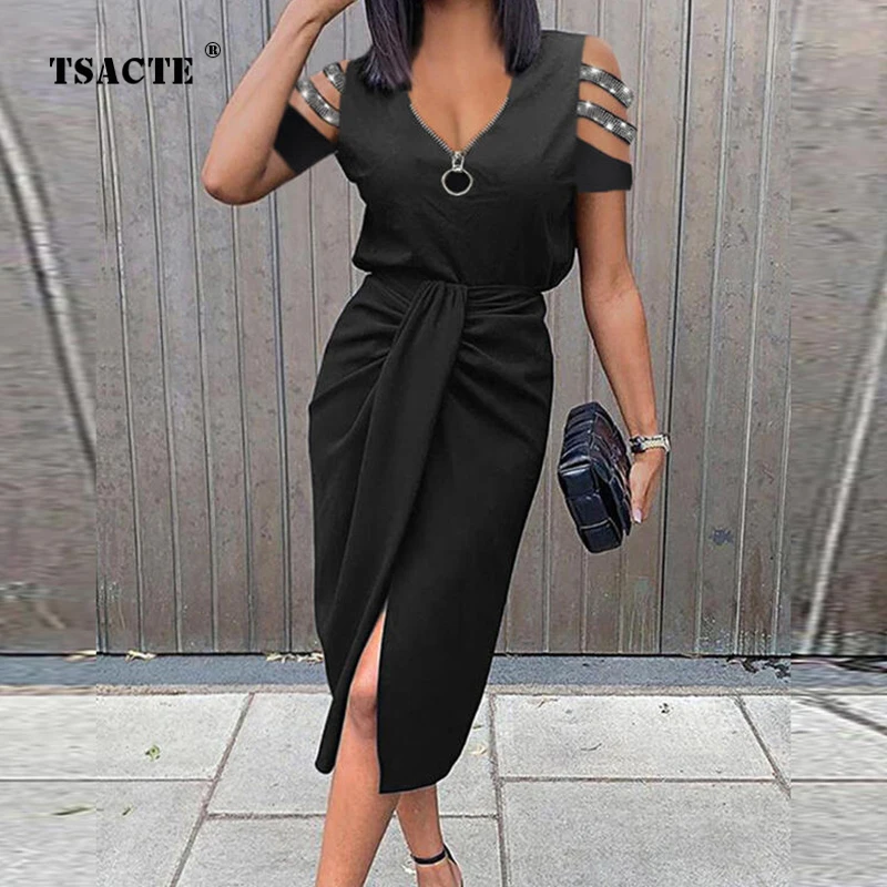 

Summer Fashion New Zipper Long Skirt Hollow Pleated Short-Sleeve V-Neck Irregular Dress Commuter Women's Clothes Party Evendress