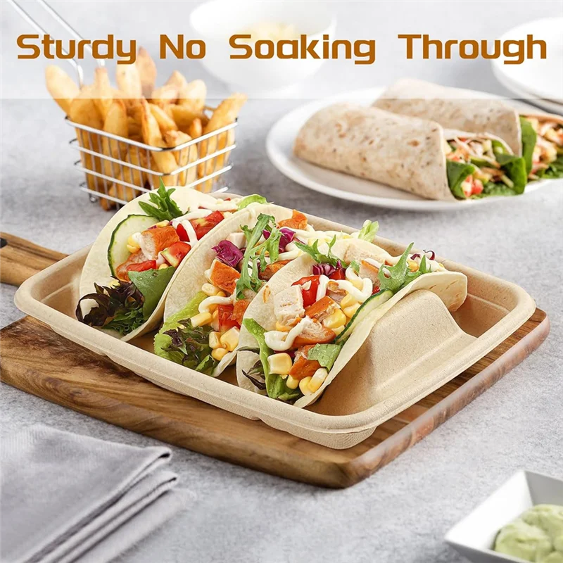 Hot Selling-50 Pieces Biodegradable Disposable Taco Holder, 3 Compartments Paper Taco Plates, Made Of Sugarcane Fibers For Party