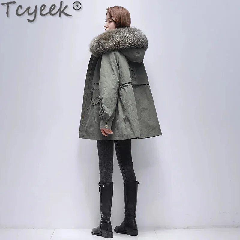 

Female Tcyeek Elegant Rex Rabbit Liner Detachable Jacket 2024 Mid-long Parka Winter Women Clothes Warm Raccoon Fur Collar